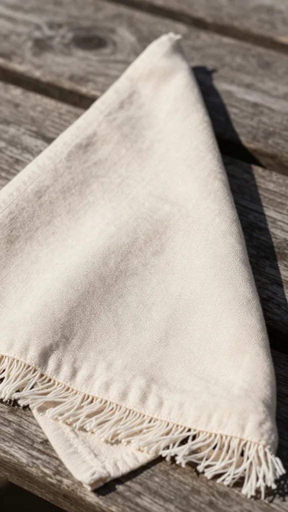 Closeup of a cream linen napkin with subtle fringe on a sunlit picnic table