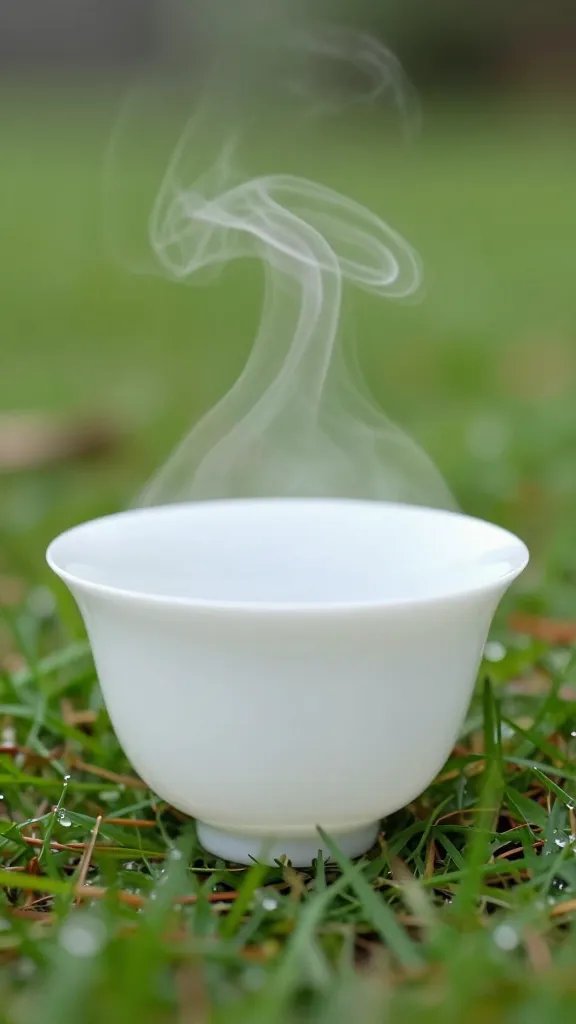 Soft white porcelain teacup with steam, dew on grass background