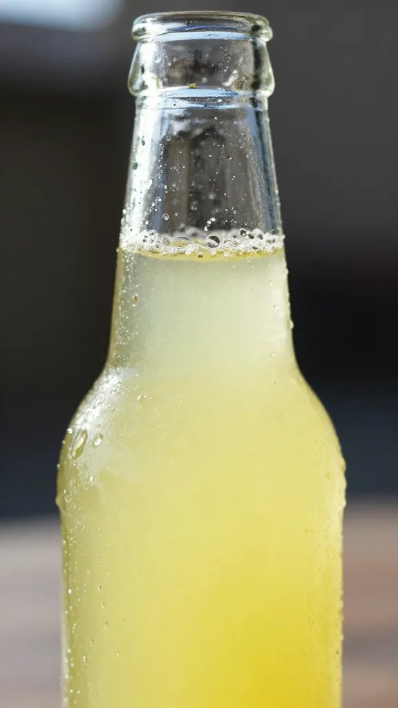 Closeup of a glass lemonade bottle with condensation in bright sun