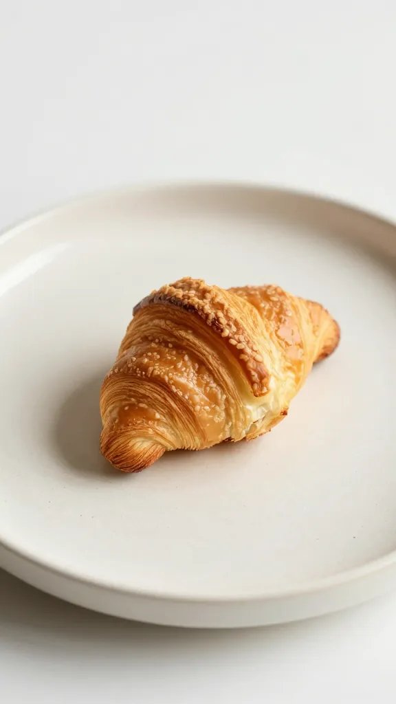 Cream ceramic plate hosting a tiny croissant, shallow depth of field