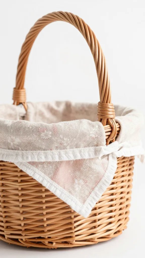 Single wicker basket handle with pastel cloth peeking out