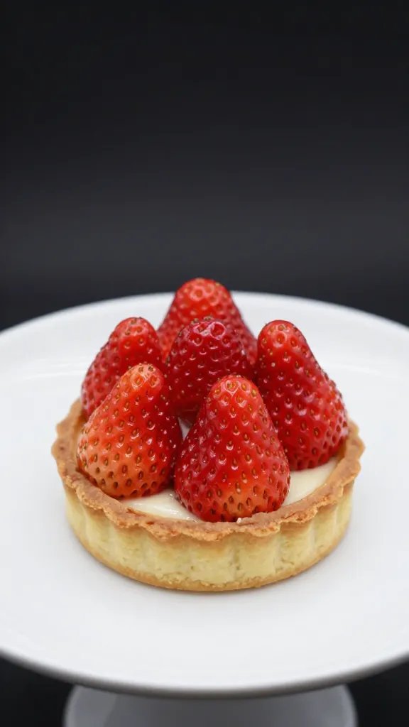Closeup of a small strawberry-topped tart on white pedestal plate