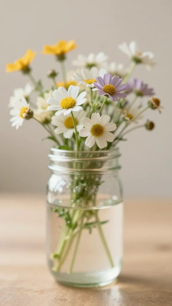 Soft-focus single mason jar with wildflowers and warm light