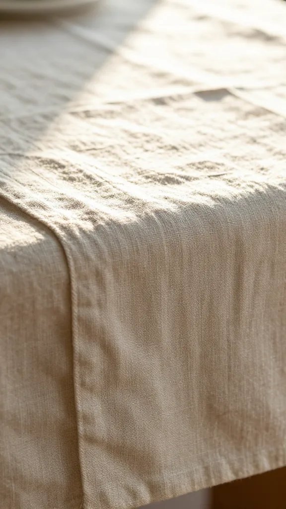 Closeup of a linen table runner edge catching sunflare