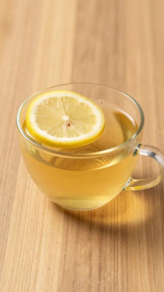 One cup of herbal tea with a lemon slice on a wooden table