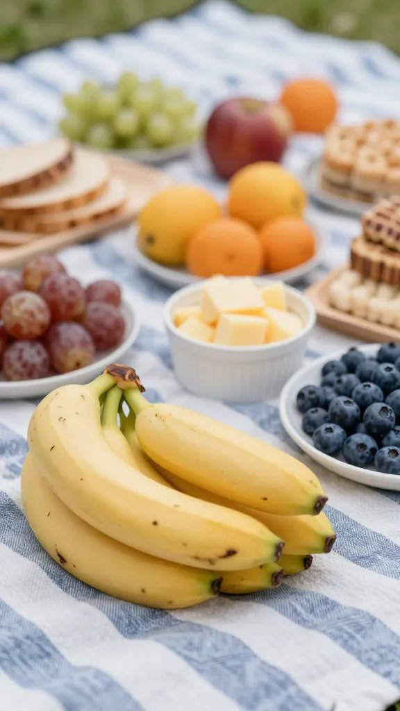 closeup of a layered picnic spread on a striped blanket