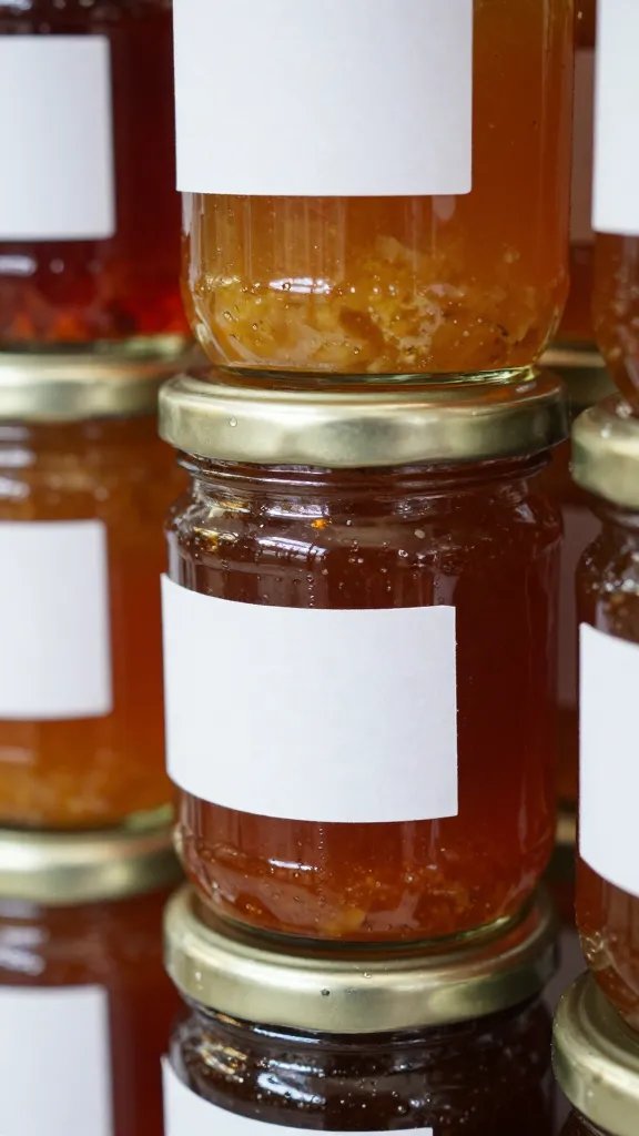 closeup of stacked glass jars with labeled jams and spreads