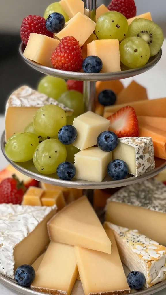 closeup of a tiered cheese and fruit platter