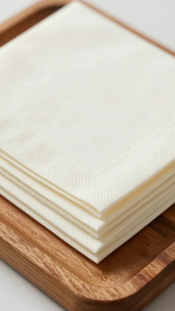 closeup of neatly folded napkins atop a wooden board