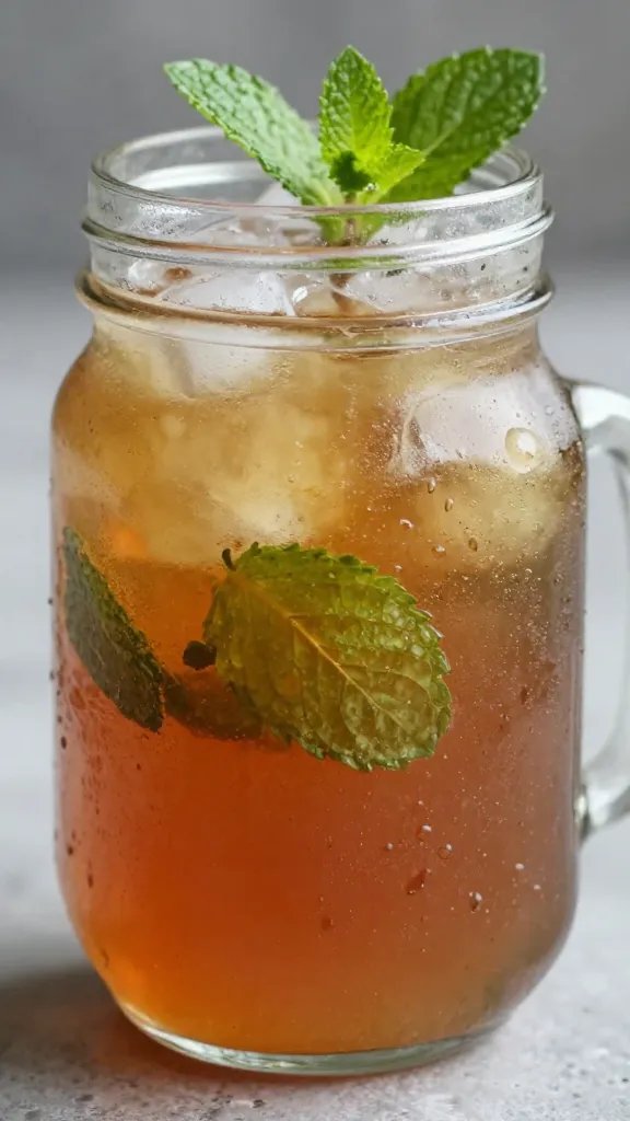 closeup of a single mason jar iced tea with mint