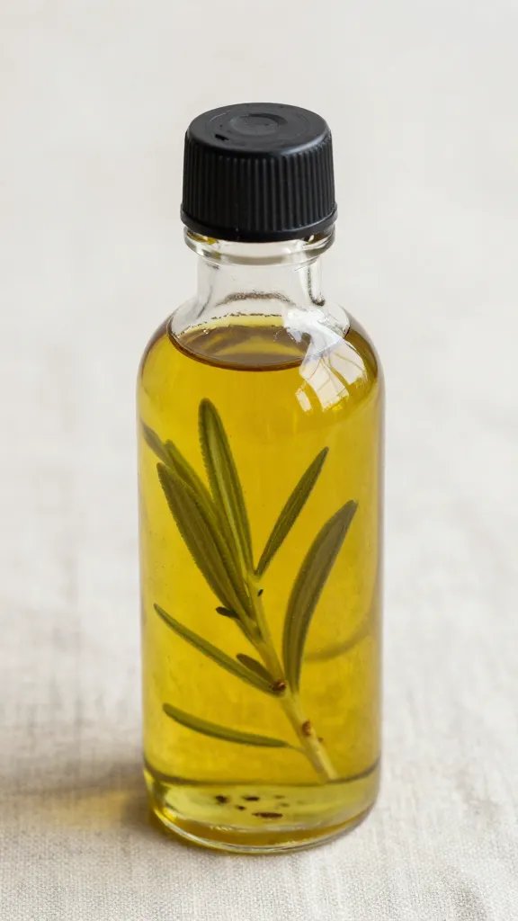 closeup of a herb-infused olive oil bottle on linen cloth