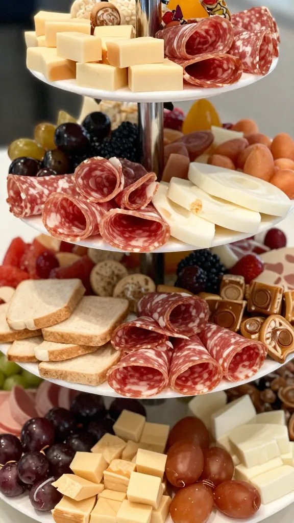 closeup of a multi-tiered charcuterie wheel