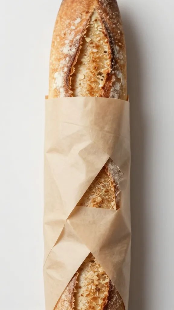 closeup of a folded parchment-wrapped baguette bundle