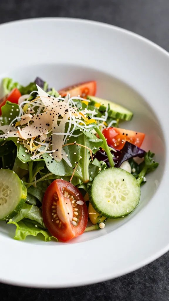 closeup of a single ceramic plate with colorful salads