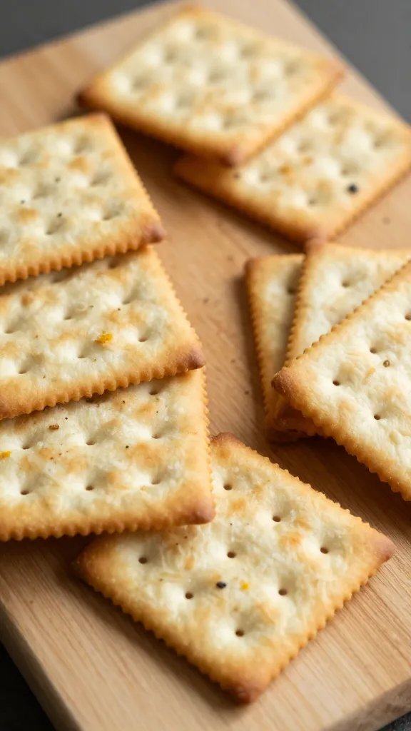 closeup of a single cutting board with assorted crackers