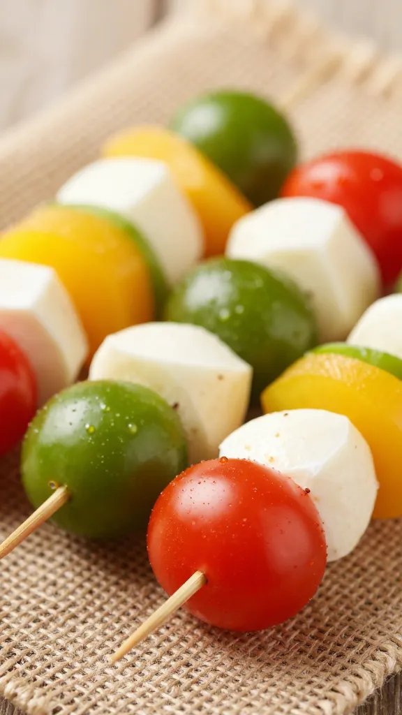 closeup of colorful caprese skewers resting on burlap