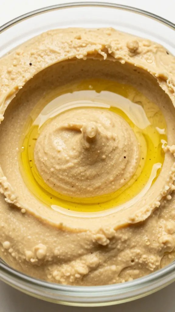 macro shot of layered hummus with olive oil drizzle in glass bowl
