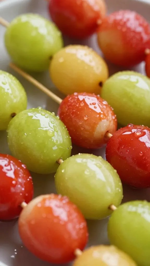 closeup of vibrant fruit skewers with glossy sheen
