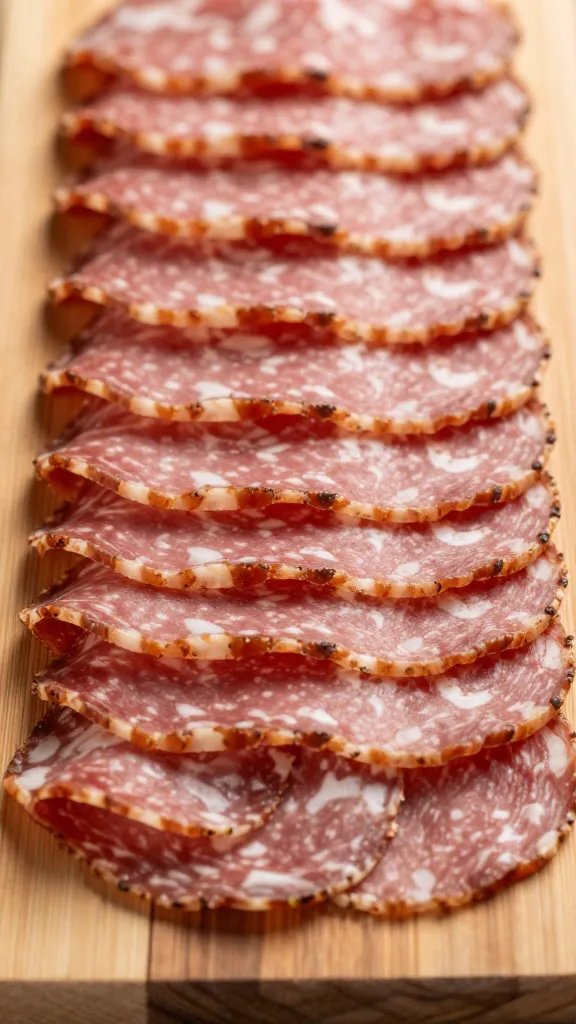 detailed shot of stacked charcuterie layers on wooden board
