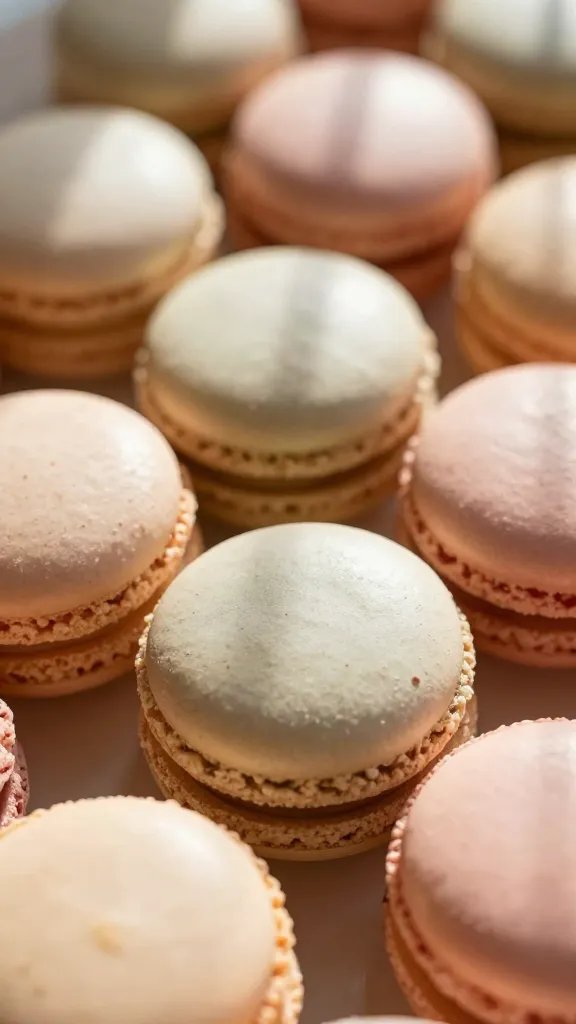 closeup of pastel macarons with sunlit shadows