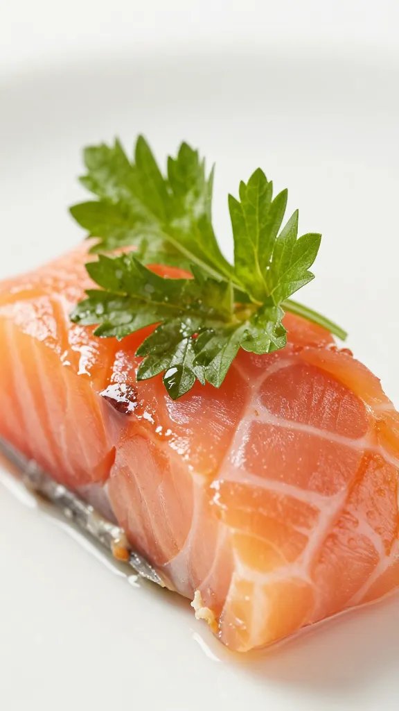 macro image of herb-leaf garnish on smoked salmon bite