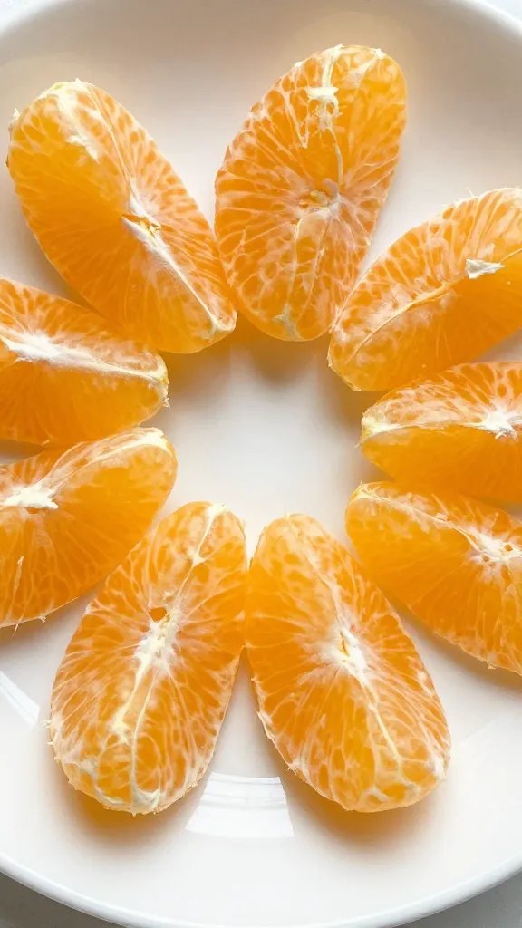 closeup of citrus segment quarters on white ceramic plate