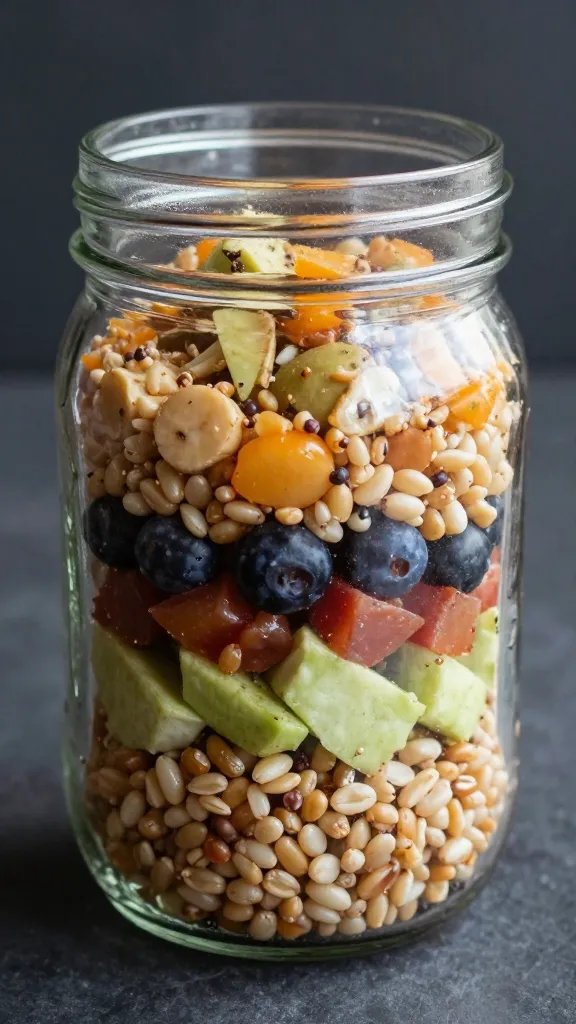 tight shot of layered grain salad in clear mason jar