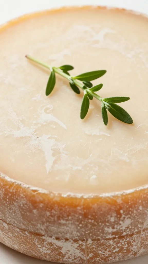 closeup of artisanal cheese wheel with herb sprig