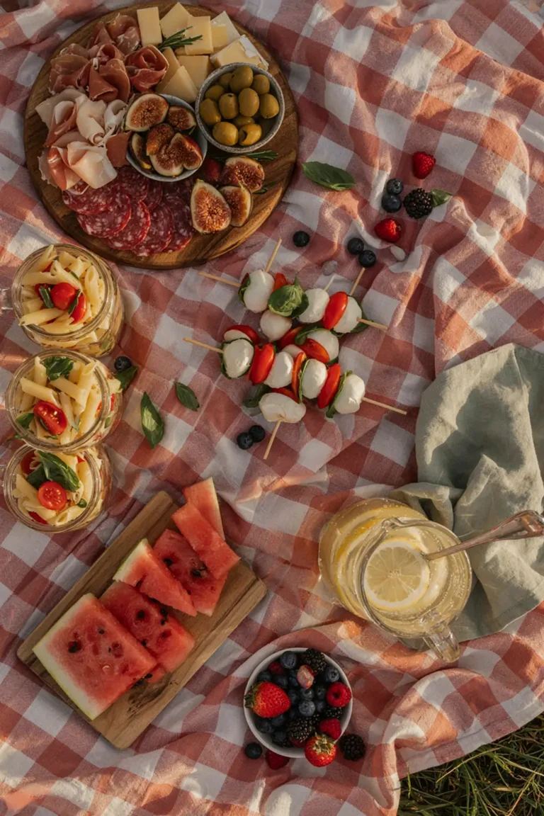 Overhead editorial photo of lush picnic spread on checkered blanket with charcuterie and jars