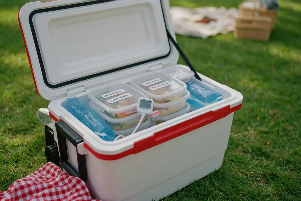 Organized picnic cooler with ice packs and sealed containers