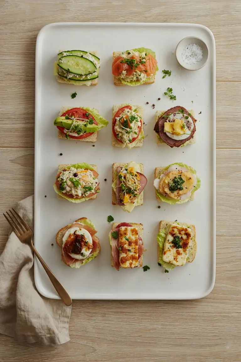 Bite-sized sandwiches platter with various fillings and moisture barriers visible