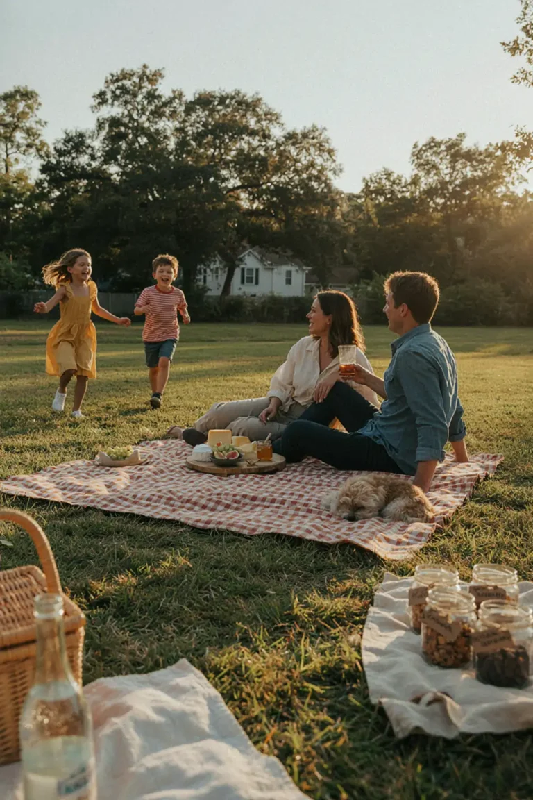 Family picnic with games and trail mix bar