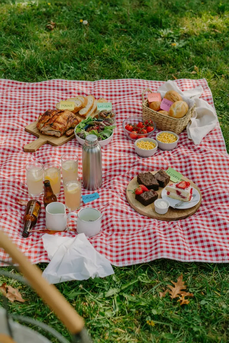 Large group picnic spread with labeled food zones