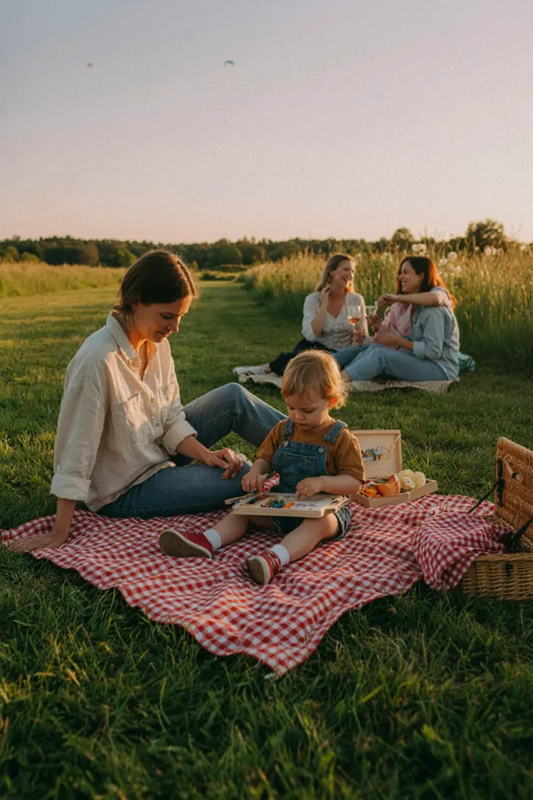 Parent and child sitting together on edge of adult picnic blanket, golden hour