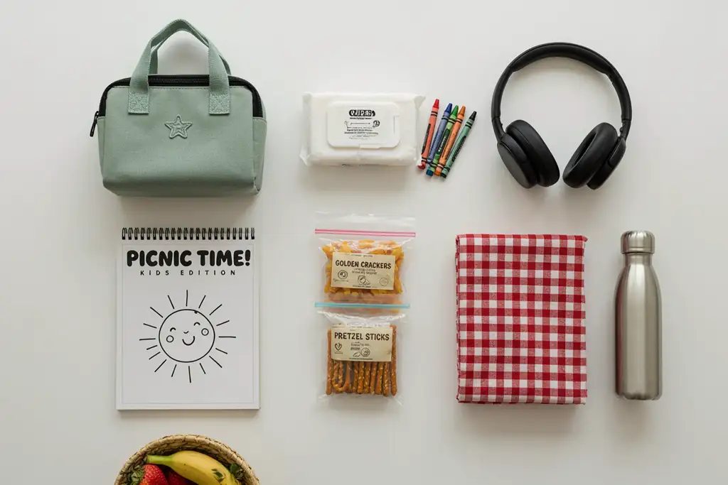 Grab-and-go picnic pouch for kids with snacks and activities