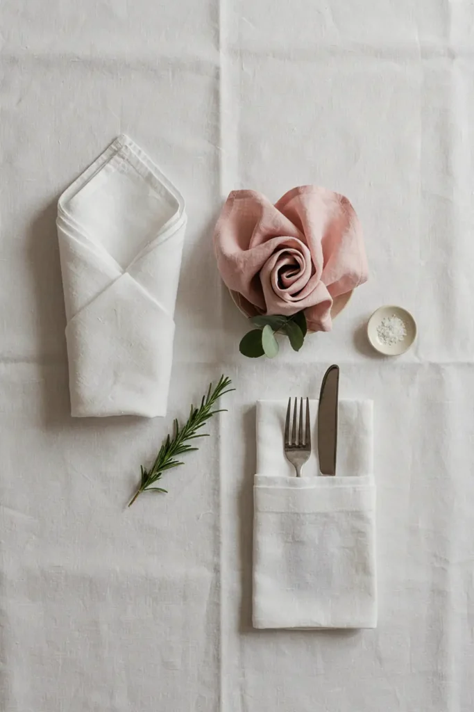 Overhead editorial photo of a dining table with multiple napkin folds including Bishop's Hat and Rose Bloom