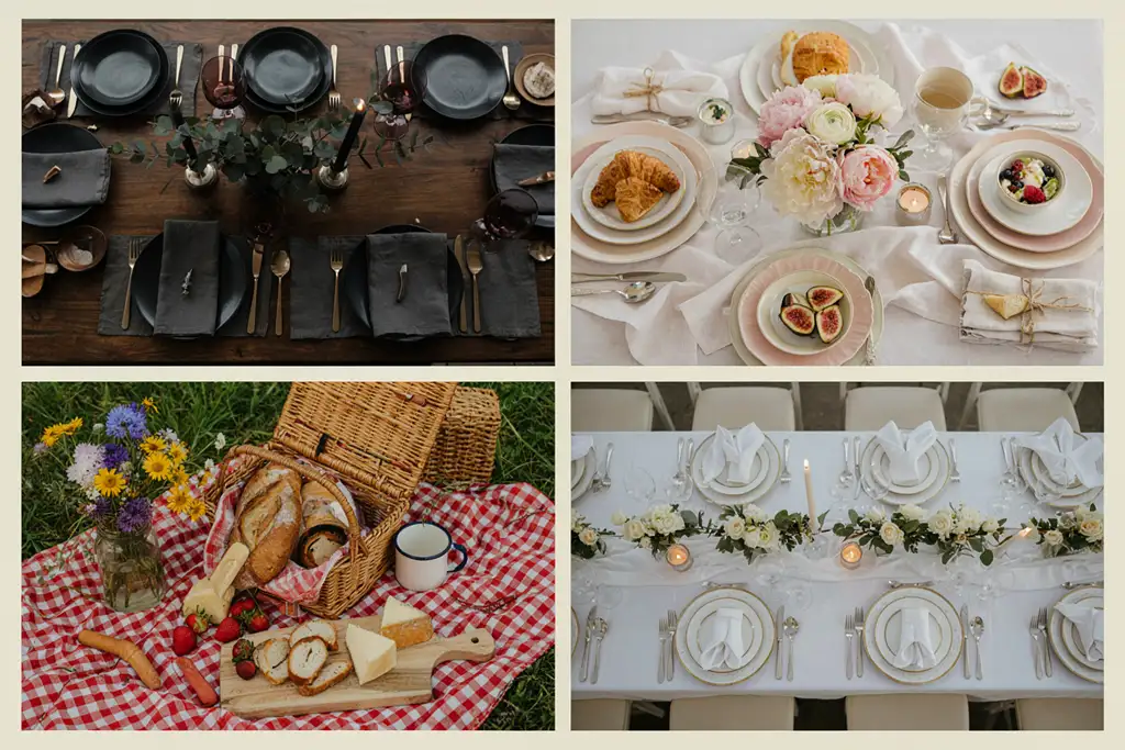 Four dining setups showing napkin folds for different occasions