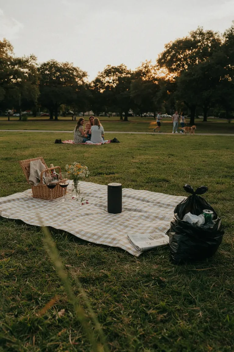 Organized picnic setup on park lawn with respectful spacing