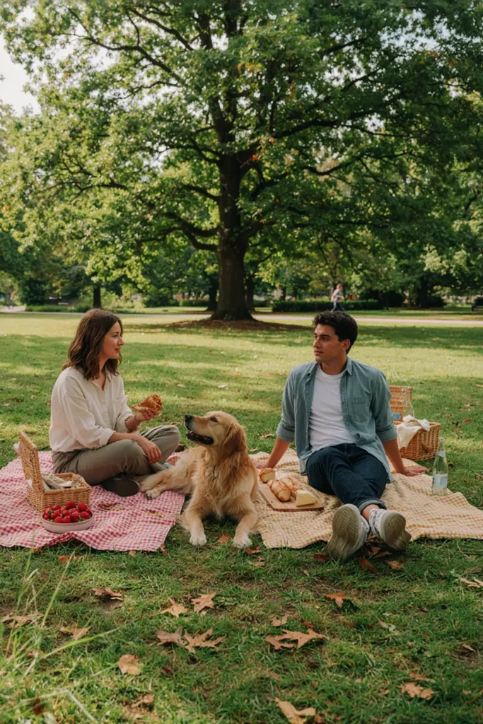 Two picnic blankets sharing shade under a large tree