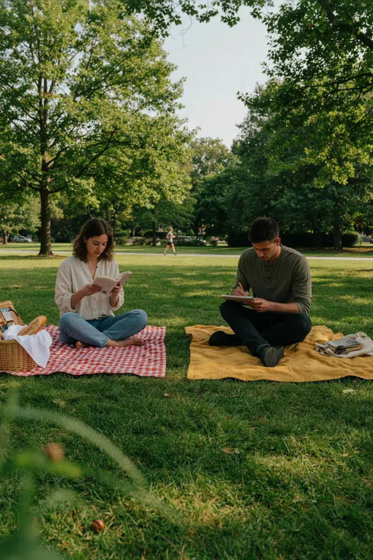 Two picnic blankets with respectful distance in a park