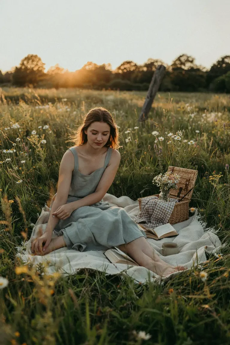 Woman in sage linen dress at meadow picnic