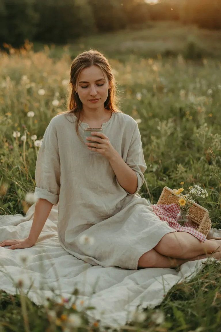 Woman sitting gracefully on picnic blanket in side-saddle position, golden hour light
