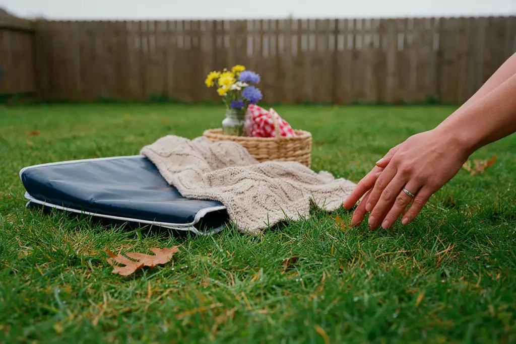 Hands testing grass for dampness before placing picnic blanket