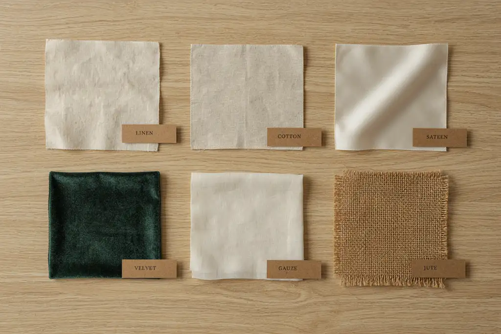 Six fabric swatches arranged in a grid for tablecloth selection