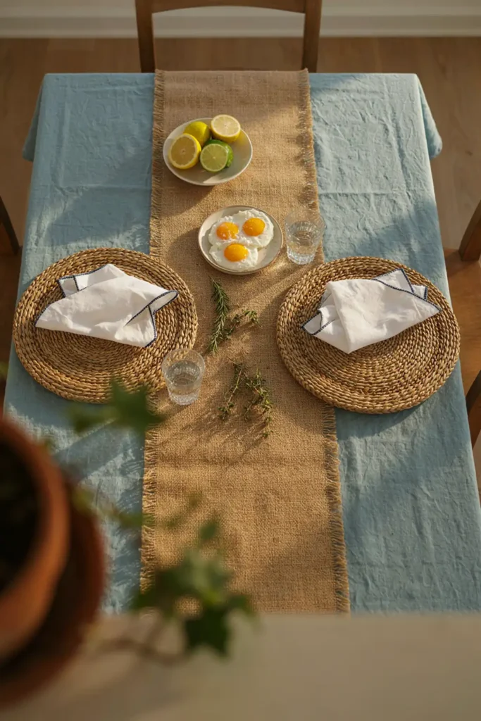 Overhead photo of a layered dining table with sky-blue linen tablecloth and jute runner
