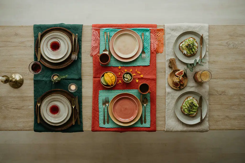 Three table settings showing different tablecloth styles