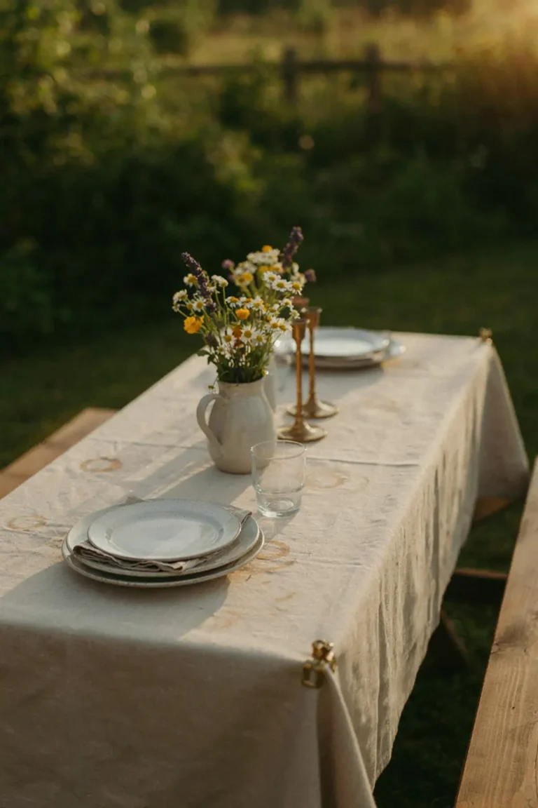 Clamp-style tablecloth weights on outdoor picnic table