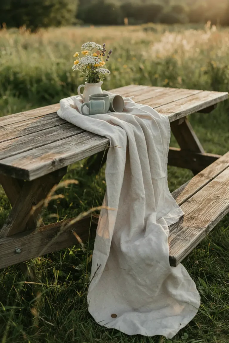 Waterfall-folded linen tablecloth on picnic table
